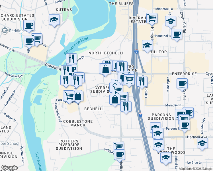 map of restaurants, bars, coffee shops, grocery stores, and more near 2440 Beverly Drive in Redding