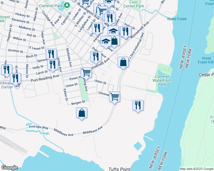 map of restaurants, bars, coffee shops, grocery stores, and more near 50 Chrome Avenue in Carteret