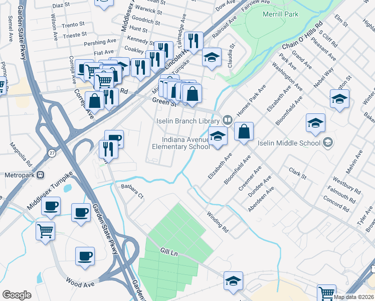 map of restaurants, bars, coffee shops, grocery stores, and more near in Woodbridge Township