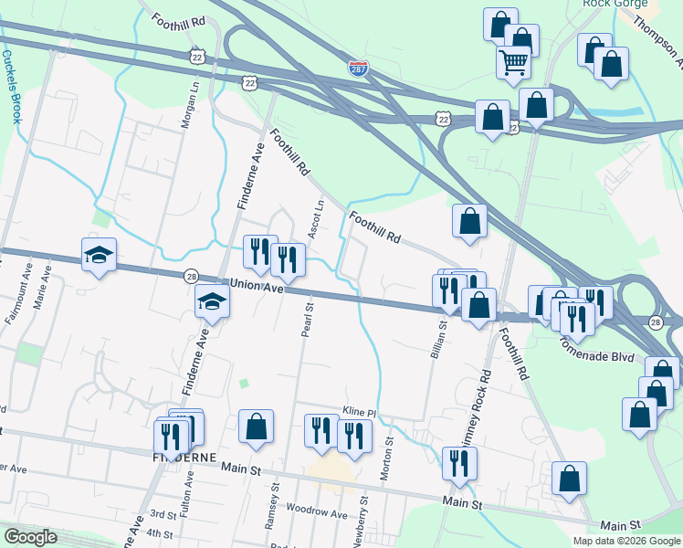map of restaurants, bars, coffee shops, grocery stores, and more near 295 Yorktown Road in Bridgewater Township