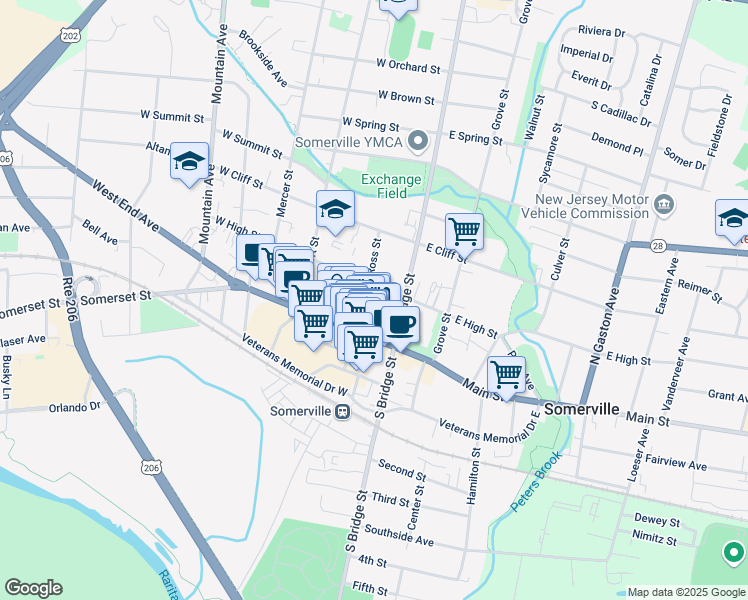 map of restaurants, bars, coffee shops, grocery stores, and more near 50 West Main Street in Somerville