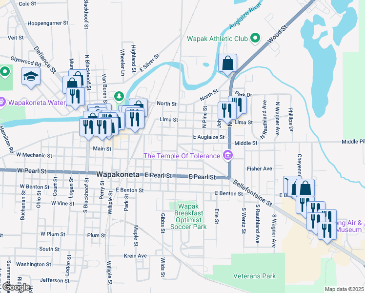 map of restaurants, bars, coffee shops, grocery stores, and more near 408 E Mechanic St in Wapakoneta