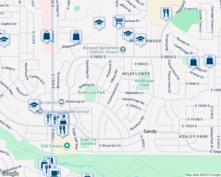 map of restaurants, bars, coffee shops, grocery stores, and more near 9979 Albury Road in Sandy