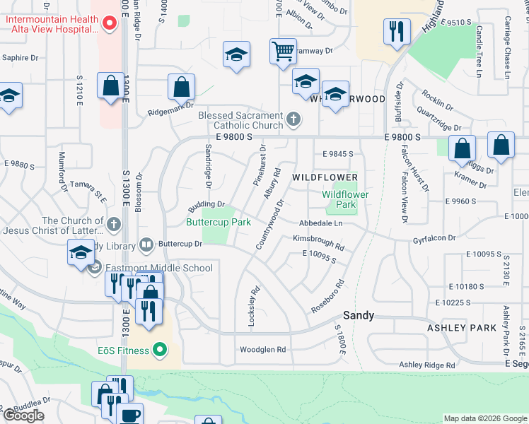 map of restaurants, bars, coffee shops, grocery stores, and more near 10038 Countrywood Drive in Sandy