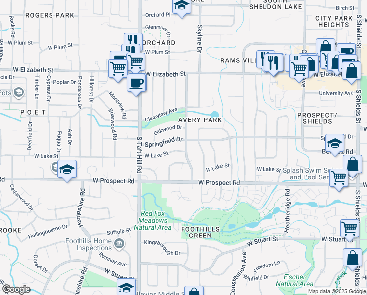 map of restaurants, bars, coffee shops, grocery stores, and more near 1900 Larkspur Drive in Fort Collins