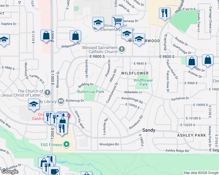map of restaurants, bars, coffee shops, grocery stores, and more near 10038 Countrywood Drive in Sandy