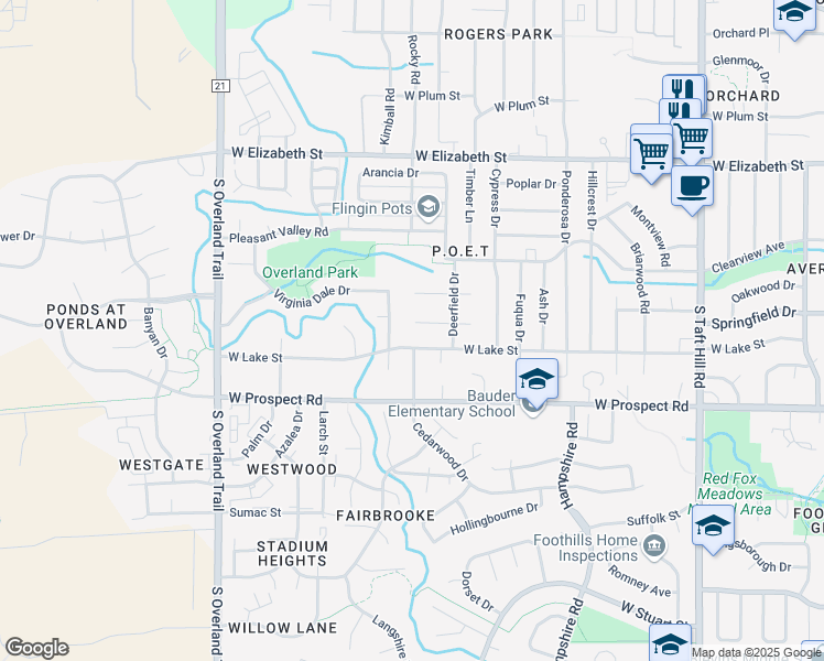 map of restaurants, bars, coffee shops, grocery stores, and more near 2637 Bradbury Court in Fort Collins