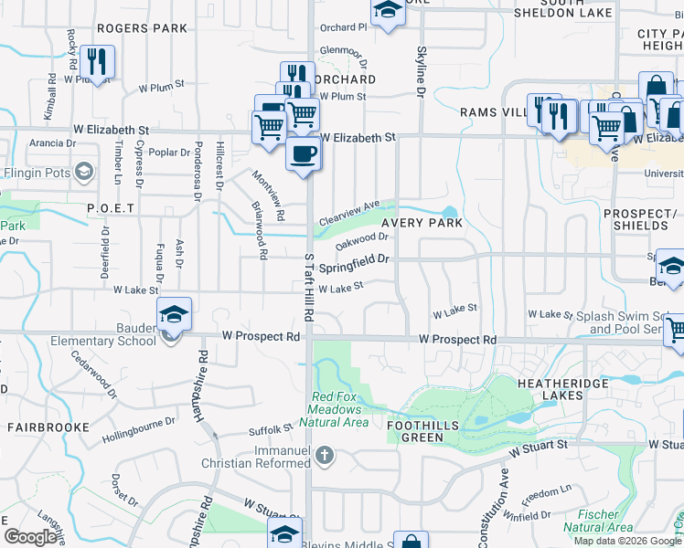 map of restaurants, bars, coffee shops, grocery stores, and more near 2005 West Lake Street in Fort Collins