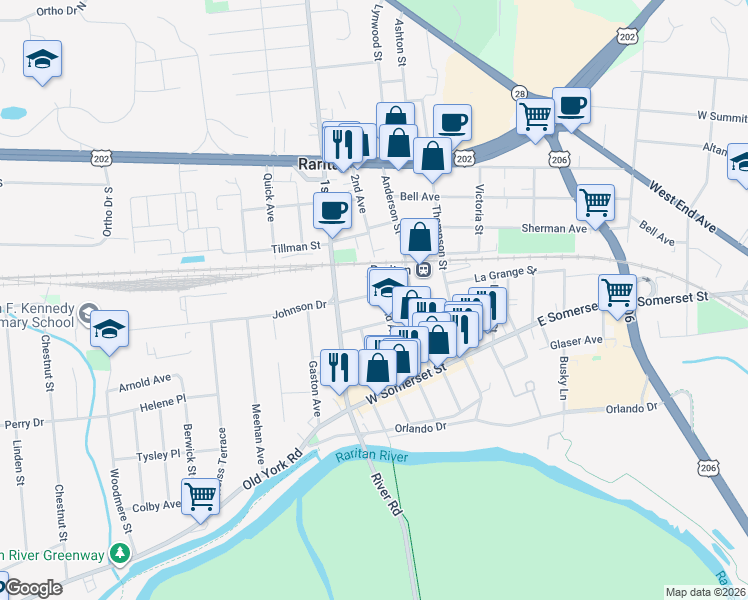 map of restaurants, bars, coffee shops, grocery stores, and more near 44 2nd Street in Raritan