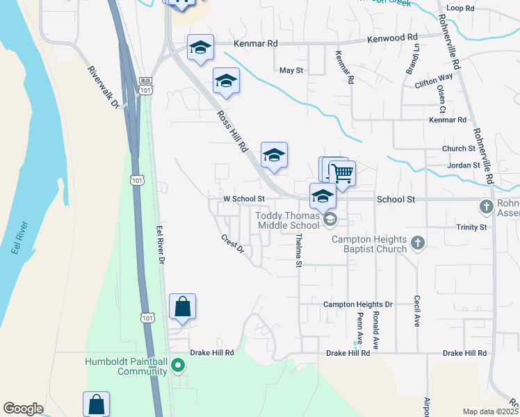 map of restaurants, bars, coffee shops, grocery stores, and more near 2363 School St in Fortuna