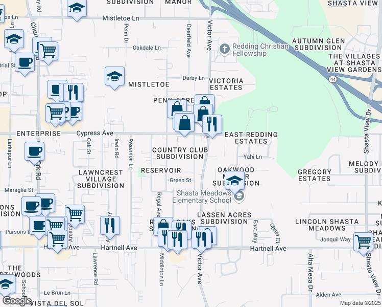 map of restaurants, bars, coffee shops, grocery stores, and more near 2592 Bunker Street in Redding