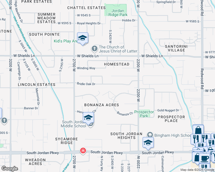 map of restaurants, bars, coffee shops, grocery stores, and more near 2439 Bridle Oak Drive in South Jordan