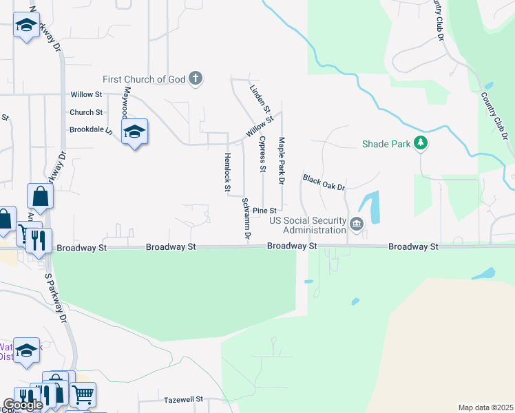 map of restaurants, bars, coffee shops, grocery stores, and more near 200 Hemlock Street in Pekin