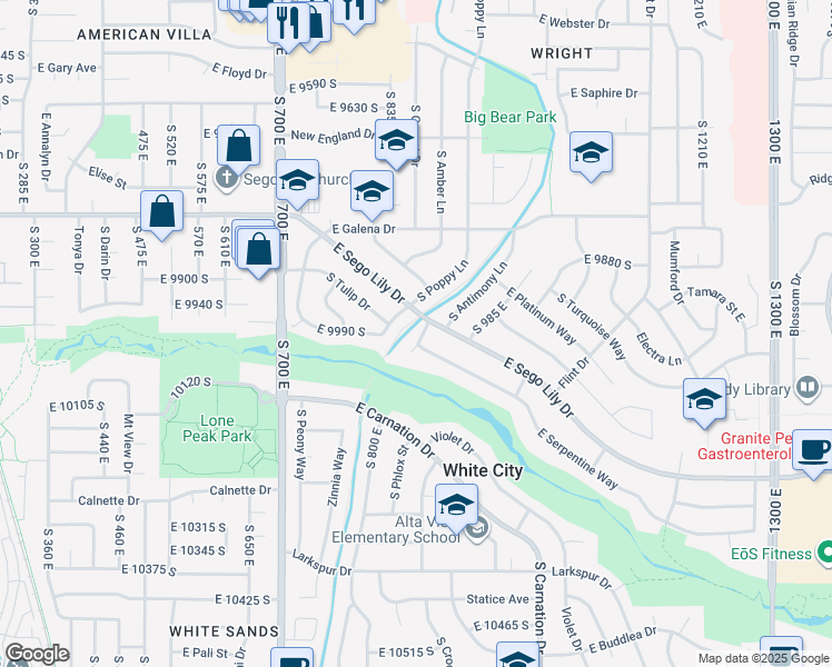 map of restaurants, bars, coffee shops, grocery stores, and more near 9996 South Opal Circle in Sandy