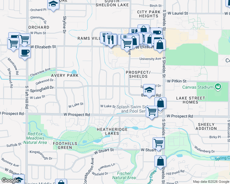 map of restaurants, bars, coffee shops, grocery stores, and more near 1227 Fairview Drive in Fort Collins