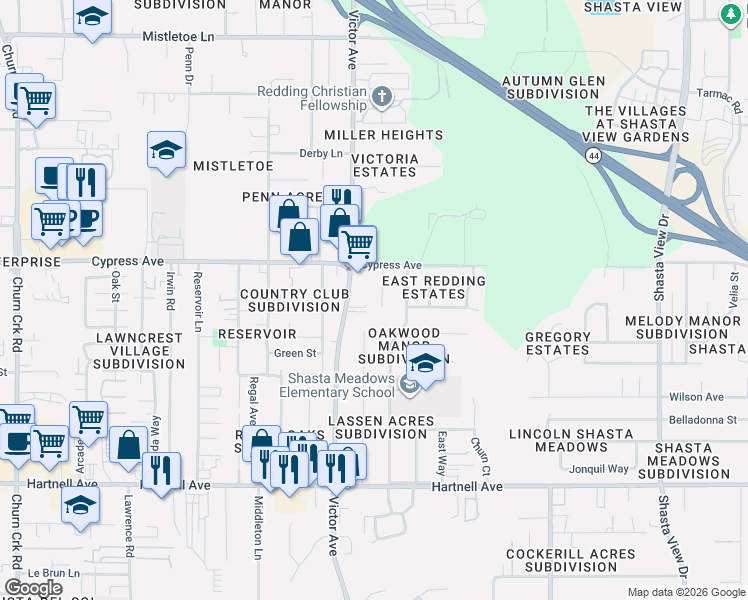 map of restaurants, bars, coffee shops, grocery stores, and more near 2529 Victor Avenue in Redding
