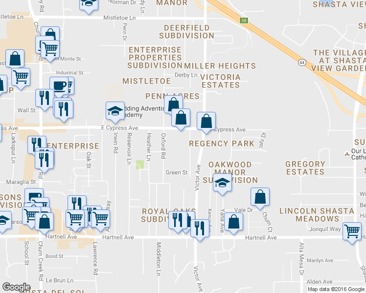 map of restaurants, bars, coffee shops, grocery stores, and more near 2519 Bunker Street in Redding