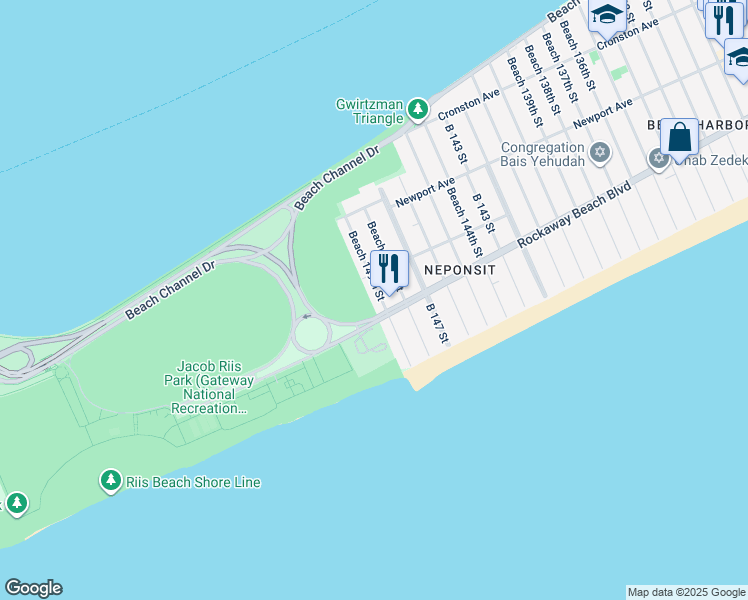 map of restaurants, bars, coffee shops, grocery stores, and more near 2-40 Beach 149th Street in Queens