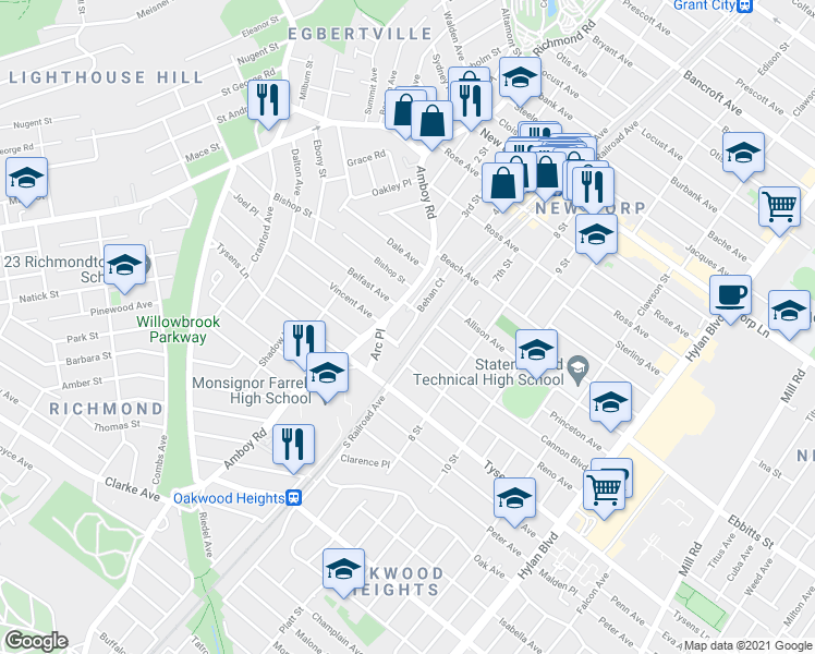 map of restaurants, bars, coffee shops, grocery stores, and more near 2714 Amboy Road in Staten Island
