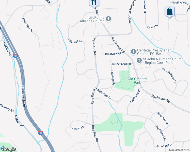 map of restaurants, bars, coffee shops, grocery stores, and more near 2244 Reis Run Road in Pittsburgh