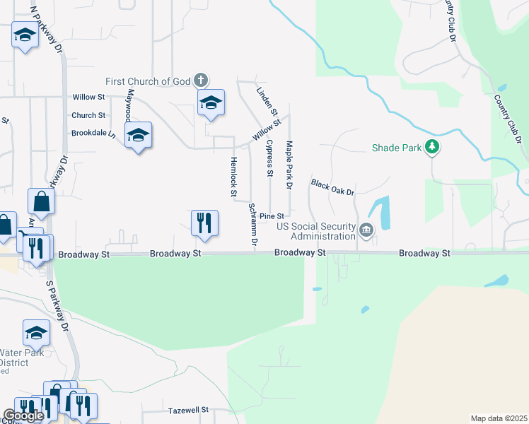 map of restaurants, bars, coffee shops, grocery stores, and more near 200 Hemlock Street in Pekin