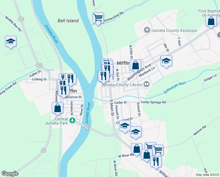 map of restaurants, bars, coffee shops, grocery stores, and more near in Mifflintown