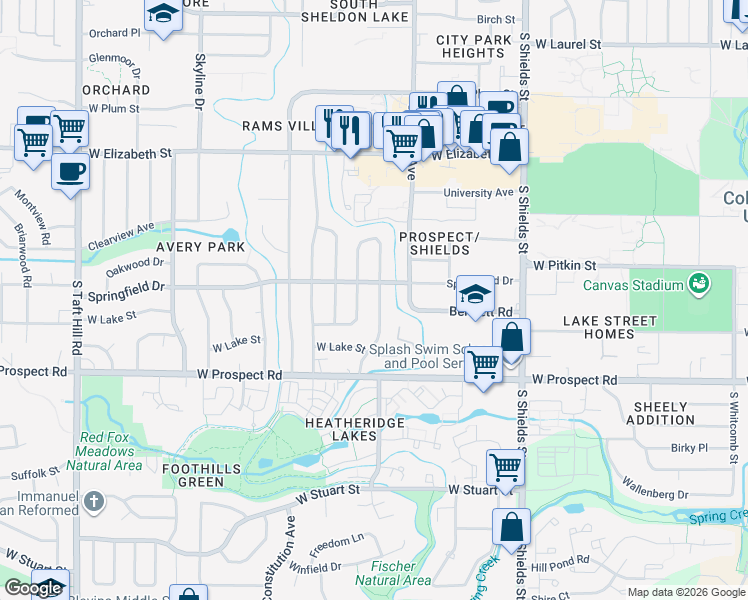 map of restaurants, bars, coffee shops, grocery stores, and more near 1224 Lynnwood Drive in Fort Collins
