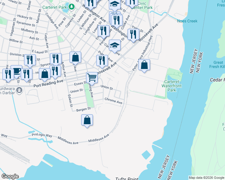 map of restaurants, bars, coffee shops, grocery stores, and more near 140 Somerset Court in Carteret