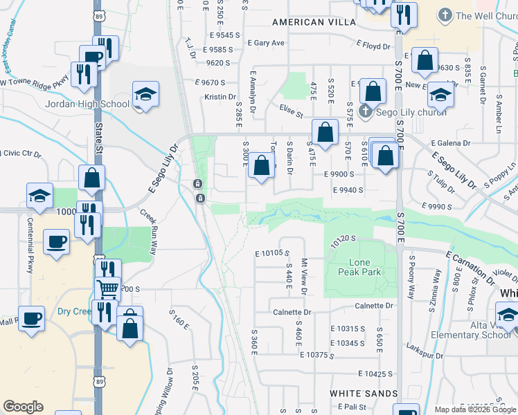 map of restaurants, bars, coffee shops, grocery stores, and more near 318 East David Circle in Sandy