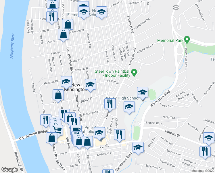 map of restaurants, bars, coffee shops, grocery stores, and more near 1122 Woodmont Avenue in New Kensington