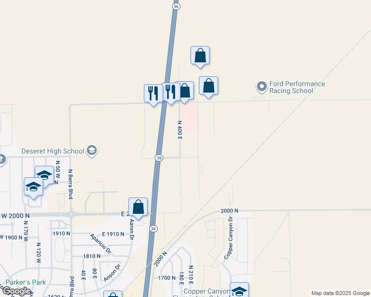 map of restaurants, bars, coffee shops, grocery stores, and more near 2232 North 400 East in Tooele