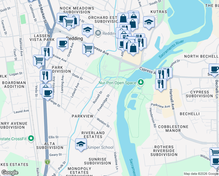 map of restaurants, bars, coffee shops, grocery stores, and more near 409 Smile Place in Redding