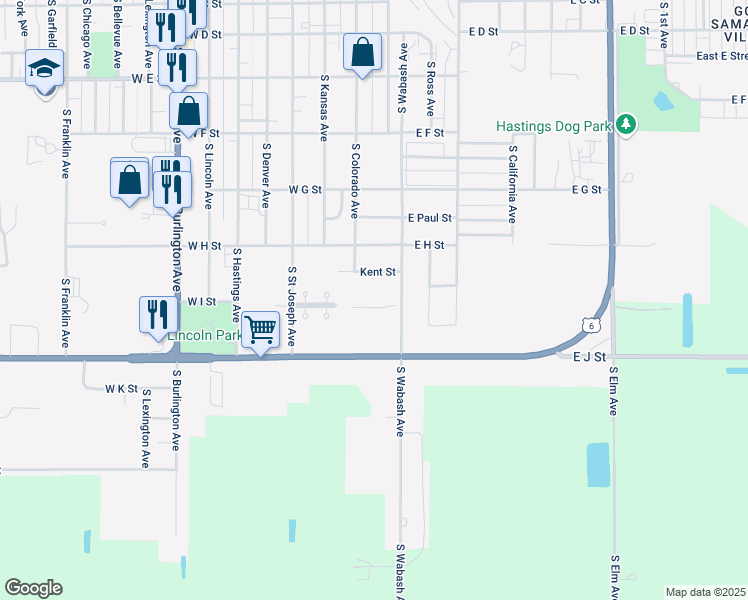 map of restaurants, bars, coffee shops, grocery stores, and more near 1040 South Wabash Avenue in Hastings