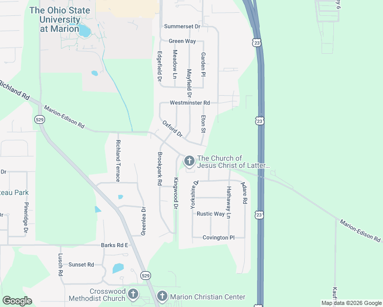 map of restaurants, bars, coffee shops, grocery stores, and more near 1733 Oxford Drive in Marion