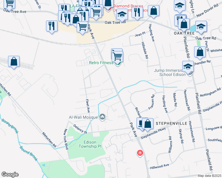 map of restaurants, bars, coffee shops, grocery stores, and more near 42 Westwood Circle in Edison
