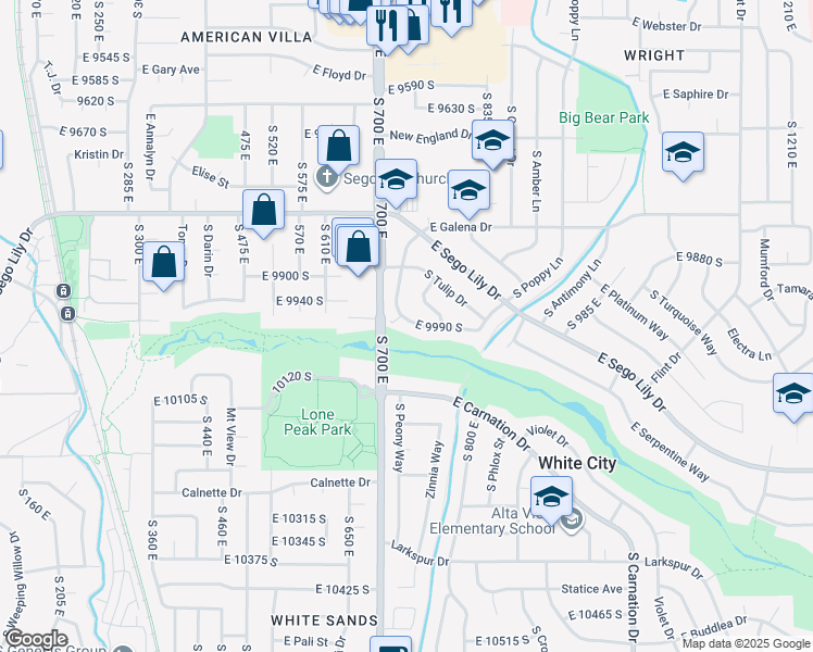 map of restaurants, bars, coffee shops, grocery stores, and more near 736 East 9990 South in Sandy