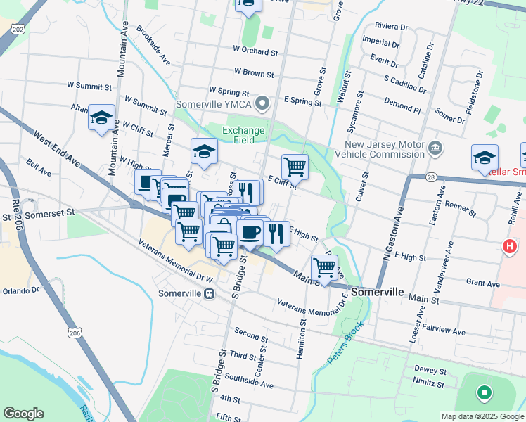 map of restaurants, bars, coffee shops, grocery stores, and more near 73 Grove Street in Somerville