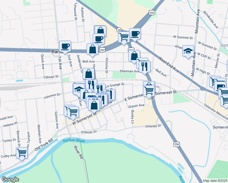 map of restaurants, bars, coffee shops, grocery stores, and more near 29 Codington Street in Raritan