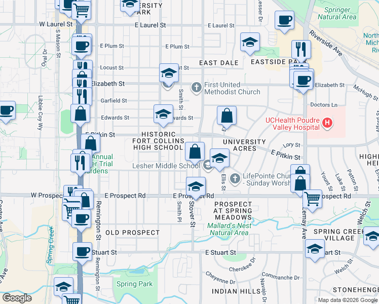 map of restaurants, bars, coffee shops, grocery stores, and more near 430 Circle Drive in Fort Collins