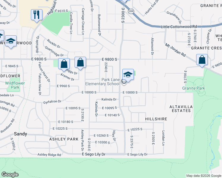 map of restaurants, bars, coffee shops, grocery stores, and more near 9953 South 2240 East in Sandy