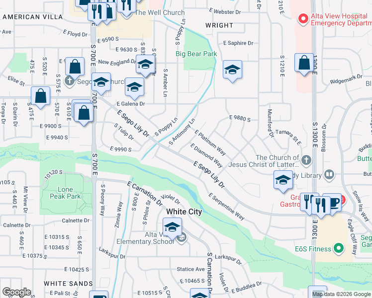 map of restaurants, bars, coffee shops, grocery stores, and more near 9958 Barium Lane in Sandy