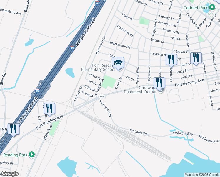 map of restaurants, bars, coffee shops, grocery stores, and more near 25 Turner Street in Woodbridge Township