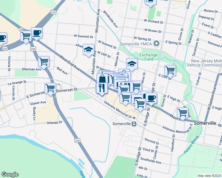map of restaurants, bars, coffee shops, grocery stores, and more near 196 West Main Street in Somerville
