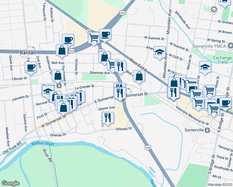 map of restaurants, bars, coffee shops, grocery stores, and more near 78 La Grange Street in Raritan