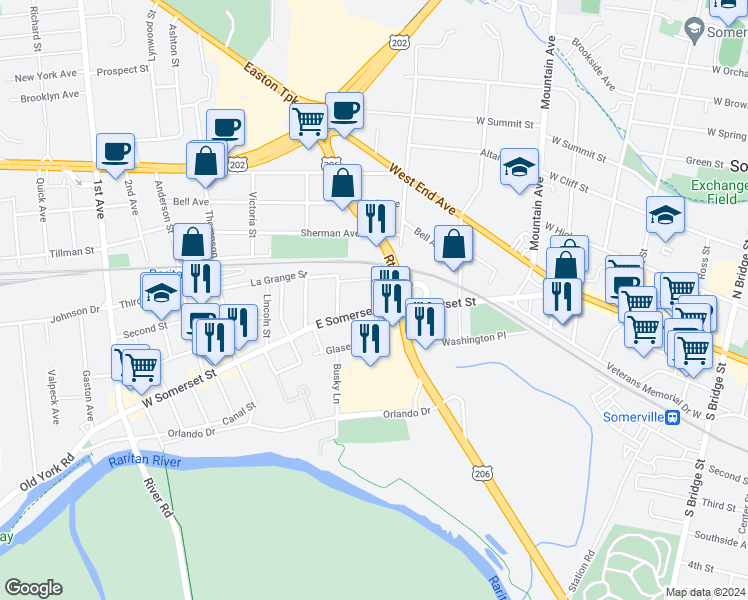 map of restaurants, bars, coffee shops, grocery stores, and more near 78 La Grange Street in Raritan