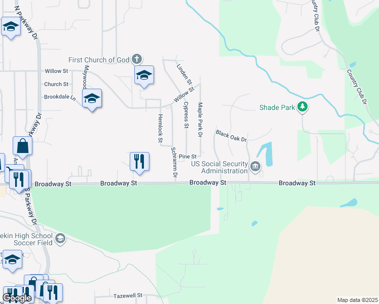map of restaurants, bars, coffee shops, grocery stores, and more near 207 Maple Park Drive in Pekin