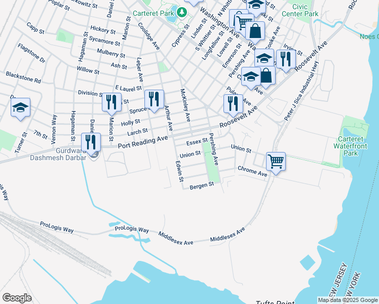 map of restaurants, bars, coffee shops, grocery stores, and more near 23 Union Street in Carteret
