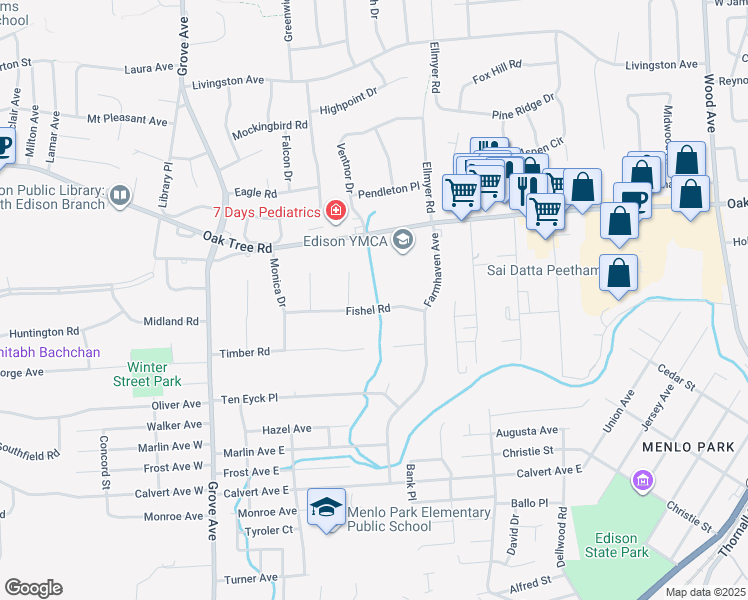 map of restaurants, bars, coffee shops, grocery stores, and more near 13 Fishel Road West in Edison