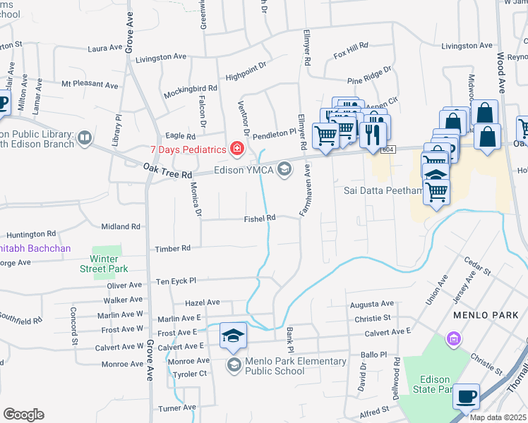 map of restaurants, bars, coffee shops, grocery stores, and more near 13 Fishel Road West in Edison