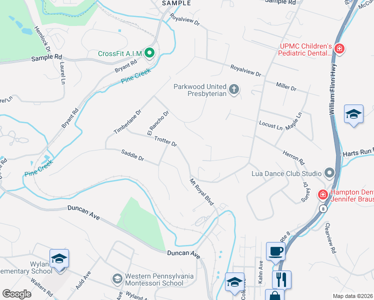 map of restaurants, bars, coffee shops, grocery stores, and more near 2496 Hitching Post Drive in Hampton Township
